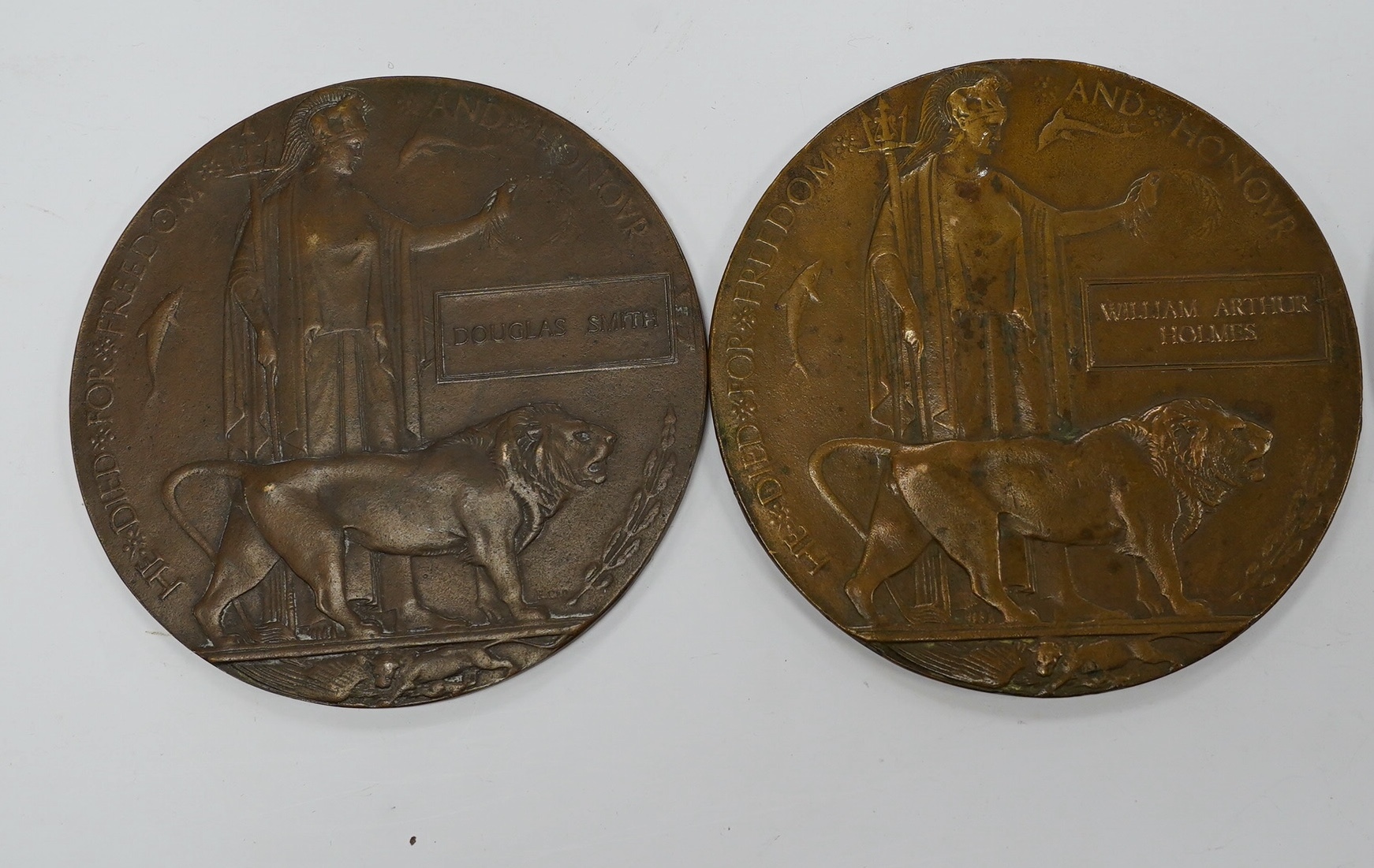 Five First World War Next of Kin Memorial plaques. Condition - fair to good